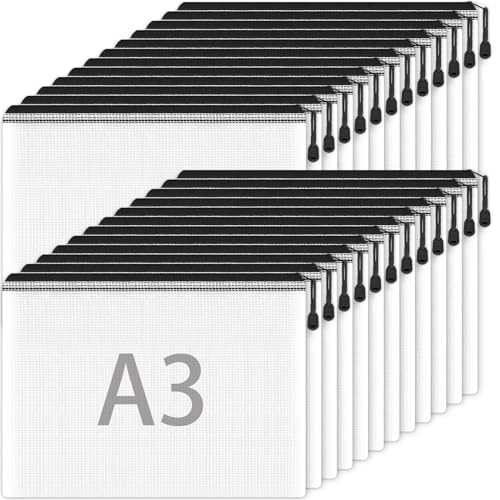 Plastic Wallets A3-24PCS A3 Kunststoff-Ordner Zip Wallets Document Folder Zip Lock Bags Mesh Zipper Bag für Schule Büro Reise Lagerung (Schwarz) von Smarpau