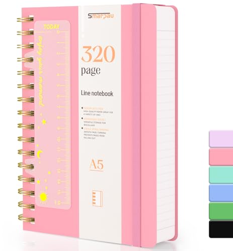 Smarpau A5 Spiral Notizbuch Liniert, Hardcover PVC Notizblock mit 320 Seiten 100gsm Dickes Papier zum Schreiben, Lined Journal für Frauen Männer Arbeit Büro Schule Reisen, 14.5 x 21cm-Rosa von Smarpau