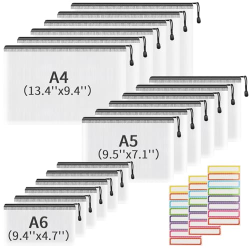 Smarpau Dokumententasche A4+A5+A6, 18pcs Reißverschluss taschen mit Etikett, Wasserdichte Mesh-Taschen Kunststoff, Reißverschlusstasche Zipper Tasche für Schule, Büro, Reisen (Schwarz) von Smarpau