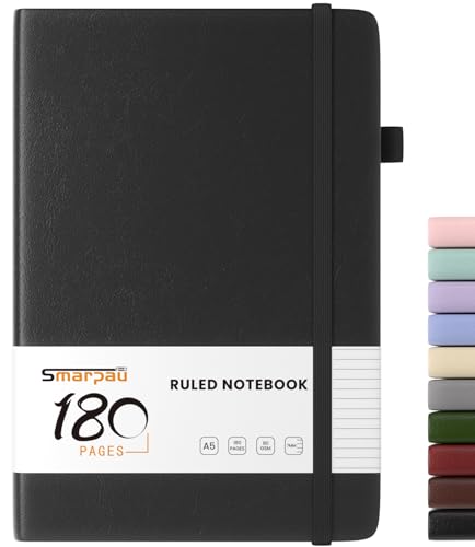 Smarpau Notizbuch A5, Liniert Journal Mit 180 Seiten und 80gsm Premium-Papier, Tagebuch Leder, Der Collegeblock Notizblock Eignet Sich Zum Schreiben und Notieren, 14.5 x 21cm-Schwarz von Smarpau