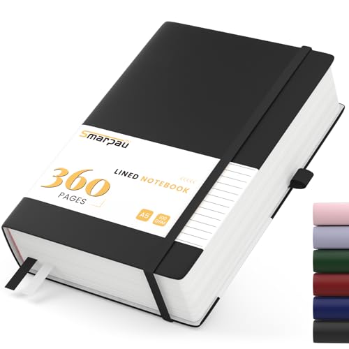 Smarpau Notizbuch A5, Liniert Journal Mit 360 Seiten und 100gsm Premium-Papier, Tagebuch Leder, Der Collegeblock Notizblock Eignet Sich Zum Schreiben und Notieren, 14.5 x 21cm-Schwarz von Smarpau