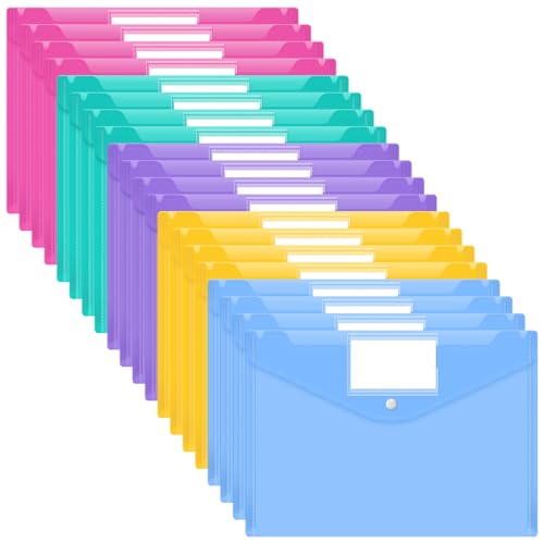 Smarpau Plastic Wallet A4-20 Pack von Kunststoff-Ordner Dokumentenhalter A4 Kunststoff Wallet mit Tab Tasche und Knopfverschluss für Schule, zu Hause, Büro, Reisen (5 Farben) von Smarpau