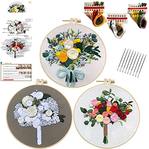 3 Sets Blumenstickset für Erwachsene Anfänger mit Stickmuster, Stickrahmen, Handarbeitsset (Blume) von Smart-Feather