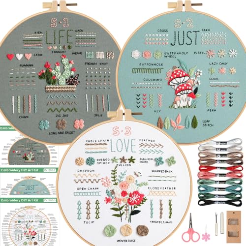 Smart-Feather 3 Sets Stickstich-Übungsset für Anfänger, grundlegende und fortgeschrittene Stickstiche, absolute Stickerei-Starter-Kits, Hand-Bastel-Set (grau) von Smart-Feather