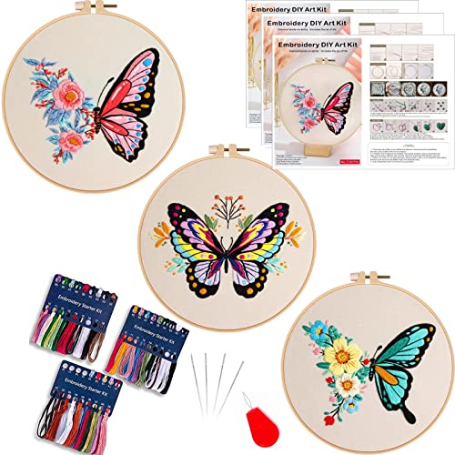 Smart-Feather 3-teiliges Schmetterling-Stickset für Anfänger, Handstickerei-Set für Erwachsene mit Reifen, DIY-Kunstprojekt, Bastelset (Schmetterling) von Smart-Feather