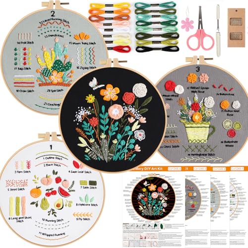 Smart-Feather 4 Sets Blumenstickset für Anfänger, Handstickerei-Sets für Erwachsene mit Reifen, DIY-Kunstprojekt-Bastelset (bunt) von Smart-Feather