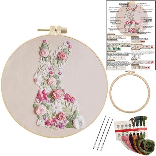 Stickset für Anfänger mit Reifen, Blumen-Tier-Insekten-Haustier-Sticksets für Erwachsene, Stickset Stiche Hobby (Kaninchen) von Smart-Feather
