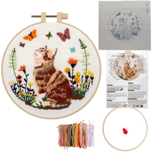 Stickset für Anfänger mit Reifen, Blumen-Tier-Insekten-Haustier-Sticksets für Erwachsene, Stickset Stiche Hobby (Katze) von Smart-Feather