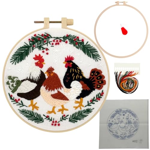 Stickset für Anfänger mit Reifen, Blumen-Tier-Insekten-Haustier-Sticksets für Erwachsene, Stickset Stiche Hobby (Rooster) von Smart-Feather