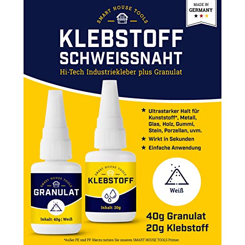 KLEBSTOFF SCHWEISSNAHT - 2K Reparatur Set (20g Power Kleber + 40g Granulat) für Kunststoff Plastik ABS Metall Holz Keramik - extra stark durch 2 Komponenten von Smart House Tools