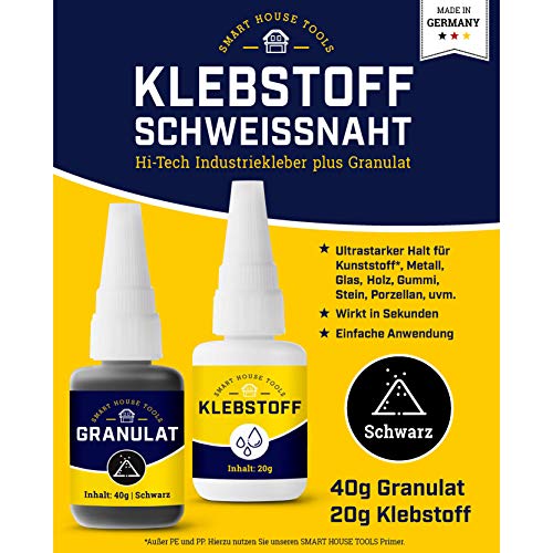 KLEBSTOFF SCHWEISSNAHT schwarz - 2K Reparatur Set (20g Power Kleber + 40g Granulat) für Kunststoff Plastik ABS Metall Holz Keramik - extra stark durch 2 Komponenten von Smart House Tools