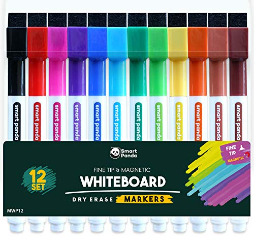 12 Whiteboard-Stifte mit dünner Spitze – Magnetische, Whiteboard-Marker mit feine Spitze und mit Löscher – Trocken abwischbare Marker, für Zuhause, Schule und Büro – 12er-Set mit verschiedenen Farben von Smart Panda