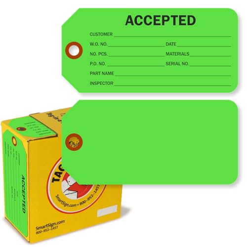 SmartSign 100 Stück "Accepted" fluoreszierende grüne Etiketten in Box, 7,6 x 15,9 cm, 13 pt dicke, beschreibbare Kartonanhänger, doppelseitig, vorgestanztes Loch mit Faser-Patch, für Ausrüstung von SmartSign