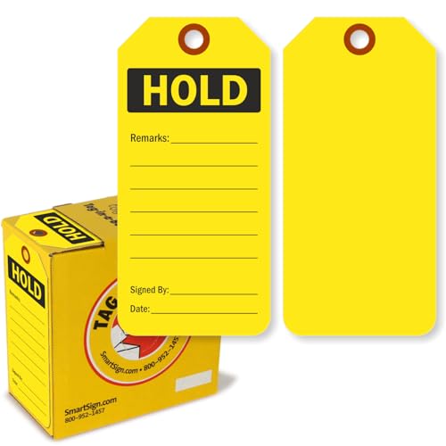 SmartSign 100 Stück "Hold" fluoreszierende gelbe Etiketten in Box, 7,6 x 15,9 cm, 13 pt dicke, beschreibbare Kartonanhänger, doppelseitig, vorgestanztes Loch mit Faser-Patch, für Ausrüstung von SmartSign