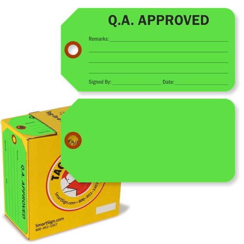 SmartSign 100 Stück "Q.A. Approved" fluoreszierende grüne Etiketten in Box, 7,6 x 15,9 cm, 13 pt dicke, beschreibbare Kartonanhänger, doppelseitig, vorgestanztes Loch mit Faser-Patch, für Ausrüstung von SmartSign