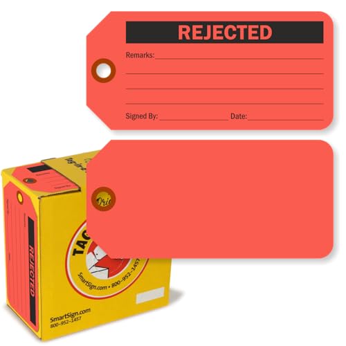 SmartSign 100 Stück "Rejected" fluoreszierende rote Etiketten in Box, 7,6 x 15,9 cm, 13 pt dicke, beschreibbare Kartonanhänger, doppelseitig, vorgestanztes Loch mit Faser-Patch, für Ausrüstung von SmartSign