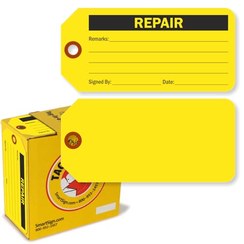 SmartSign 100 Stück "Repair" fluoreszierende gelbe Etiketten in Box, 7,6 x 15,9 cm, 13 pt dicke, beschreibbare Kartonanhänger, doppelseitig, vorgestanztes Loch mit Faser-Patch, für Ausrüstung von SmartSign