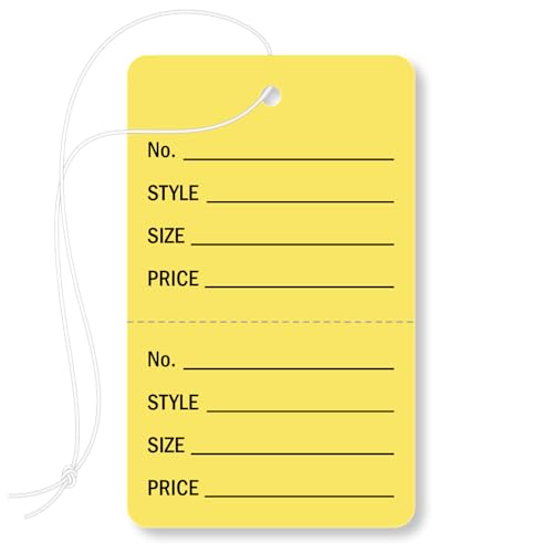 SmartSign Gelbe 2-teilige perforierte Kleideranhänger mit Schnüren, 7,3 x 4,4 cm, 12-Punkt-Karton-Etiketten, beschreibbar, vorgedruckte Felder in Schwarz, Nr. / Stil / Größe / Preis, abgerundete Ecken SmartSign Gelbe 2-teilige perforierte Kleideranhänger mit Schnüren, 7,3 x 4,4 cm, 12-Punkt-Karton-Etiketten, beschreibbar, vorgedruckte Felder in Schwarz, Nr. / Stil / Größe / Preis, abgerundete Ecken von SmartSign