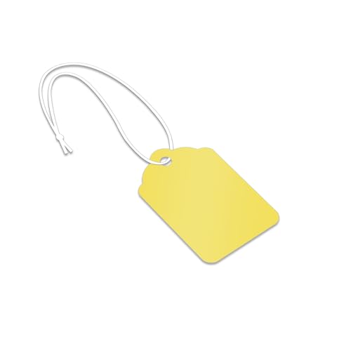 SmartSign Gelbe Anhänger mit vorbespannten Schlaufenschnüre, 1000 Stück, Größe 5, 12 pt dick, blanko, Merchandise-Etiketten, 4,4 x 2,9 cm, Schmuck-Preisschilder mit Jakobsmuschel oben von SmartSign