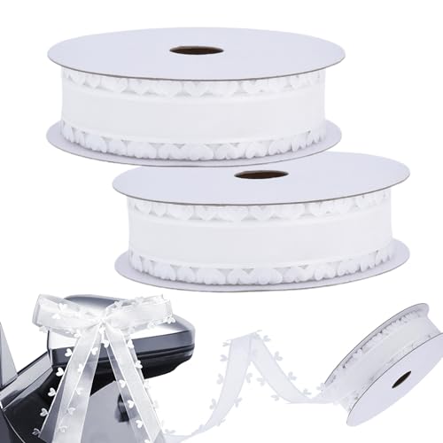 25mm x 18m Weiss Schleifenband mit Herzen, Smavles 2 Rollen Geschenkband Herz-Band,Herzen Organzaband Organza Bänder, Tüllband Dekoband für Auto Hochzeit Deko Tischdeko Haarschleife DIY (Weiß) von Smavles