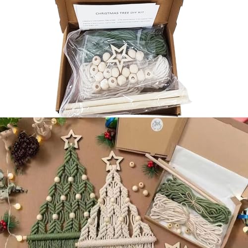 Weihnachtsbaum DIY Kit,Smavles 2 Stück Christmas Tree DIY Set Macrame DIY Kit for Christmas, Macrame Christmas Decoration Set Cotton Yarn Craft Set with Wooden Beads Rings Instructions, Hanging Decor von Smavles