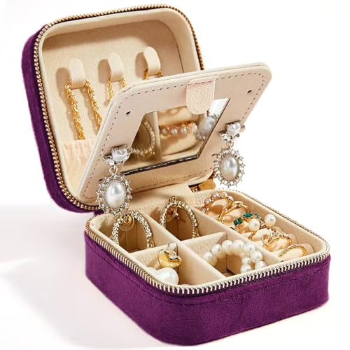Smileshe Reise-Schmuckschatulle mit Spiegel, Samt-Mini-Geschenketui für Damen, kleine tragbare Organizer-Boxen für Ringe, Ohrringe, Halsketten, Armbänder in Lila Smileshe Reise-Schmuckschatulle mit Spiegel, Samt-Mini-Geschenketui für Damen, kleine tragbare Organizer-Boxen für Ringe, Ohrringe, Halsketten, Armbänder in Lila von Smileshe
