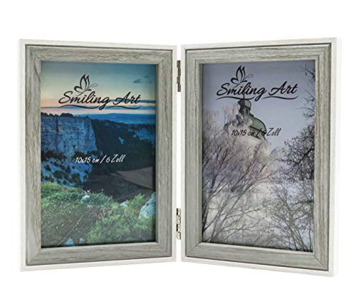 Smiling Art Bilderrahmen für 2 Fotos aus Holz, klappbarer Bilderrahmen, Doppelrahmen (Weiß+Grau, 2x10x15 cm) von Smiling Art