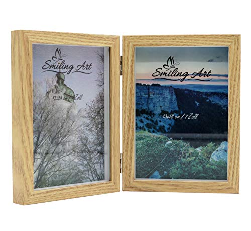 Smiling Art Bilderrahmen für 2 Fotos aus MDF Holz mit Glasscheibe, klappbarer Bilderrahmen, Doppelrahmen, 3D Rahmen, Objektrahmen (Beige, 2x13x18 cm) von Smiling Art