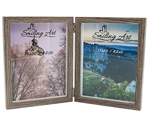 Smiling Art Bilderrahmen für 2 Fotos aus MDF Holz mit Glasscheibe, klappbarer Bilderrahmen, Doppelrahmen (Grau, 2x15x20 cm) von Smiling Art