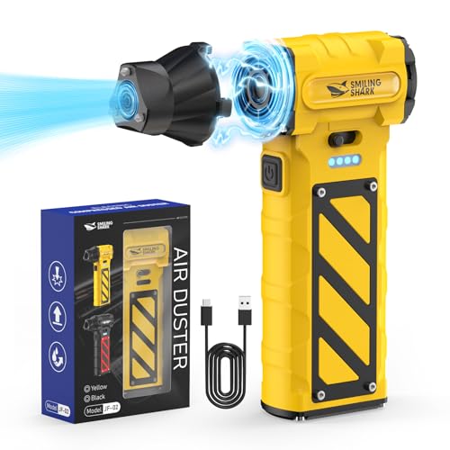 Smiling Shark Elektrische Staubgebläse, Stufenlose Geschwindigkeit 110000U/min Compressed Air Duster mit Notfallschneider & Hammer- 8000mah Akku für PC/Tastatur/Auto/Camping, JF-02(Gelb) von Smiling Shark