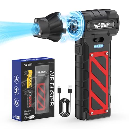 Smiling Shark Elektrische Staubgebläse, Stufenlose Geschwindigkeit 110000U/min Compressed Air Duster mit Notfallschneider & Hammer- 8000mah Akku für PC/Tastatur/Auto/Camping, JF-02(Schwarz) von Smiling Shark