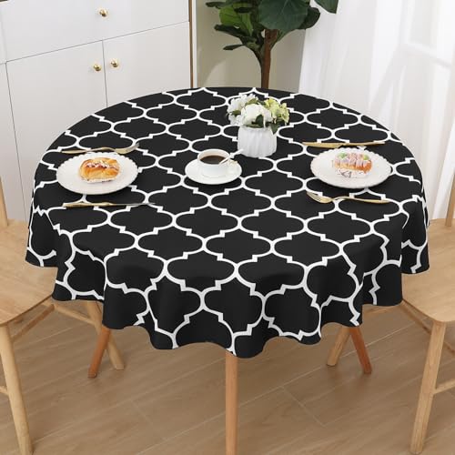 smiry Tischdecke Abwaschbar Rund 140cm Tischtuch Polyester Wasserabweisend Lotuseffekt Marokkanisch Tischwäsche Schmutzabweisend Abwischbare Tafeldecke für Outdoor Party Küche,Schwarz von smiry