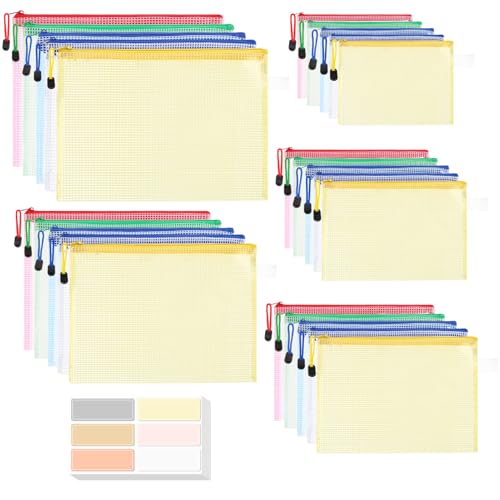 Smivyhp 25 Stück Dokumententasche mit Reißverschluss A3+A4+A5+B4+B5 Beutel Organizer mit Wasserdichte Labels Set für Schule, Büro & Lehrerbedarf(5 Größen, 5 Farben) von Smivyhp