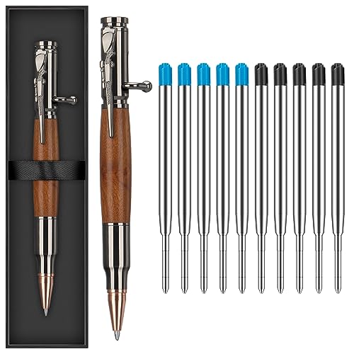 Smivyhp Bolt Action Pen, 1mm Unterschrift Kugelschreiber, Metall Kugelschreiber mit 10 Auswechselbare Mine und 1 Schwarz Geschenk Box(Holzmaserung) von Smivyhp