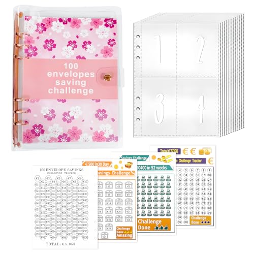 SMLOPLOM Sparchallenge Ringbuch, für 100 Tage Geldsparplan, Geldsparmappe aus PVC, für Geld Sparen und Münzverwaltung, Rosa von Smloplom