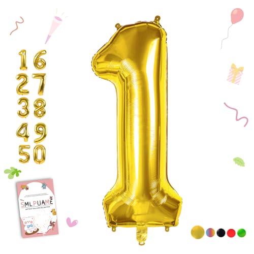 Smlpuame 102cm Folienballon Zahlen Luftballon 0-9 Geburtstag Golden Große 1 Ballons für Geburtstagsfeier Feierdekorationen, Heliumfolien Zahlenballons für Hochzeitstag von Smlpuame