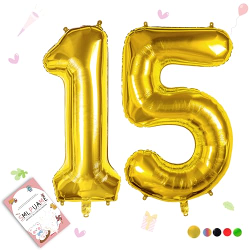 Smlpuame 102cm Folienballon Zahlen Luftballon 0-9 Geburtstag Golden Große 15 Ballons für Geburtstagsfeier Feierdekorationen, Heliumfolien Zahlenballons für Hochzeitstag von Smlpuame