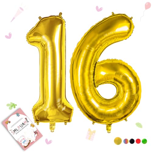 Smlpuame 102cm Folienballon Zahlen Luftballon 0-9 Geburtstag Golden Große 16 Ballons für Geburtstagsfeier Feierdekorationen, Heliumfolien Zahlenballons für Hochzeitstag von Smlpuame