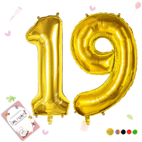 Smlpuame 102cm Folienballon Zahlen Luftballon 0-9 Geburtstag Golden Große 19 Ballons für Geburtstagsfeier Feierdekorationen, Heliumfolien Zahlenballons für Hochzeitstag von Smlpuame