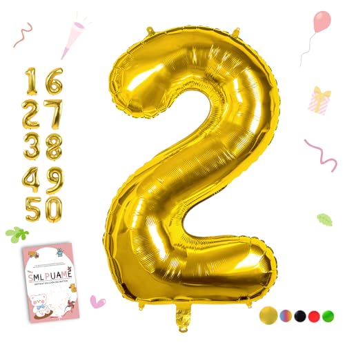 Smlpuame 102cm Folienballon Zahlen Luftballon 0-9 Geburtstag Golden Große 2 Ballons für Geburtstagsfeier Feierdekorationen, Heliumfolien Zahlenballons für Hochzeitstag von Smlpuame