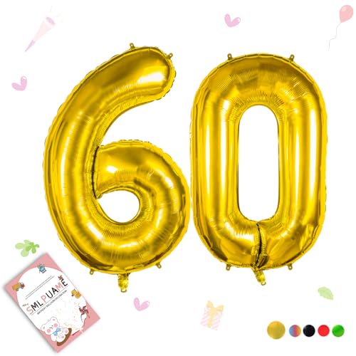Smlpuame 102cm Folienballon Zahlen Luftballon 0-9 Geburtstag Golden Große 60 Ballons für Geburtstagsfeier Feierdekorationen, Heliumfolien Zahlenballons für Hochzeitstag von Smlpuame