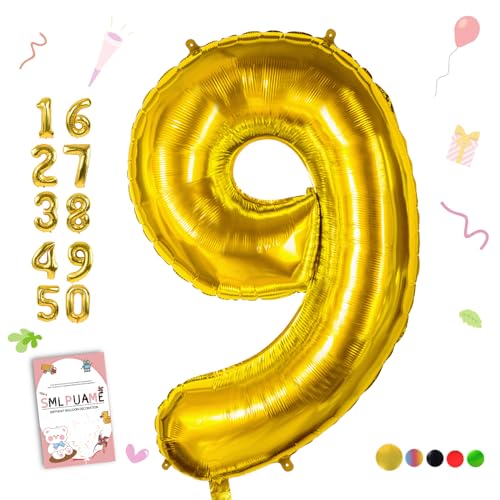 Smlpuame 102cm Folienballon Zahlen Luftballon 0-9 Geburtstag Golden Große 9 Ballons für Geburtstagsfeier Feierdekorationen, Heliumfolien Zahlenballons für Hochzeitstag von Smlpuame