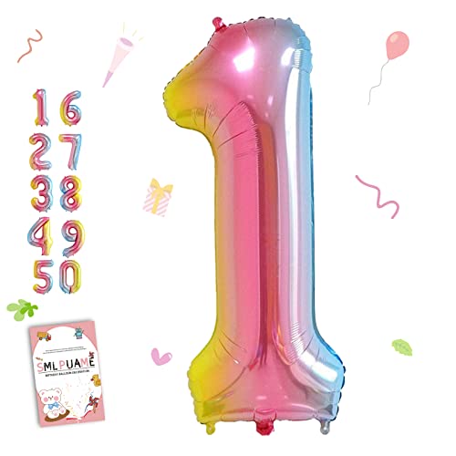 Smlpuame 102cm Folienballon Zahlen Luftballon 0-9 Geburtstag Regenbogen Farbverlauf, Große 1 Ballons für Geburtstagsfeier Feierdekorationen, Heliumfolien Zahlenballons für Hochzeitstag von Smlpuame