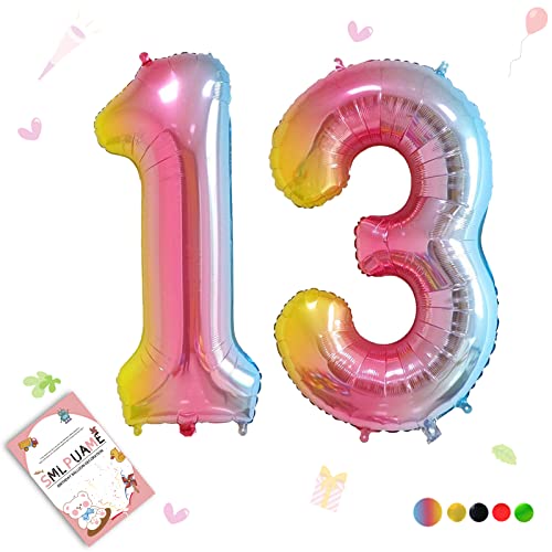 Smlpuame 102cm Folienballon Zahlen Luftballon 0-9 Geburtstag Regenbogen Farbverlauf, Große 13 Ballons für Geburtstagsfeier Feierdekorationen, Heliumfolien Zahlenballons für Hochzeitstag von Smlpuame