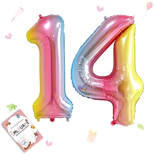 Smlpuame 102cm Folienballon Zahlen Luftballon 0-9 Geburtstag Regenbogen Farbverlauf, Große 14 Ballons für Geburtstagsfeier Feierdekorationen, Heliumfolien Zahlenballons für Hochzeitstag von Smlpuame