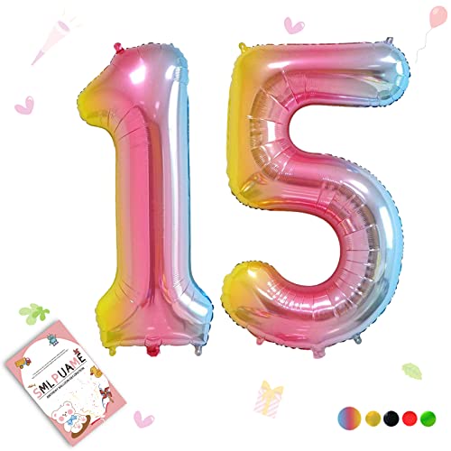 Smlpuame 102cm Folienballon Zahlen Luftballon 0-9 Geburtstag Regenbogen Farbverlauf, Große 15 Ballons für Geburtstagsfeier Feierdekorationen, Heliumfolien Zahlenballons für Hochzeitstag von Smlpuame