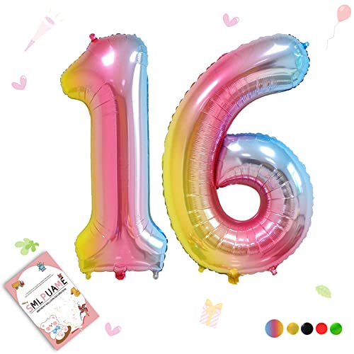 Smlpuame 102cm Folienballon Zahlen Luftballon 0-9 Geburtstag Regenbogen Farbverlauf, Große 16 Ballons für Geburtstagsfeier Feierdekorationen, Heliumfolien Zahlenballons für Hochzeitstag von Smlpuame