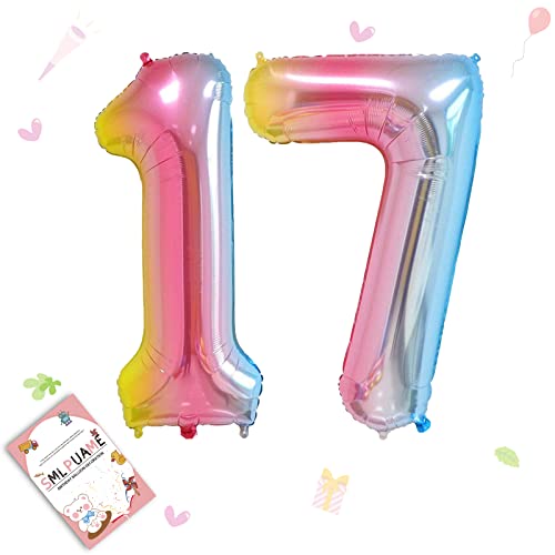 Smlpuame 102cm Folienballon Zahlen Luftballon 0-9 Geburtstag Regenbogen Farbverlauf, Große 17 Ballons für Geburtstagsfeier Feierdekorationen, Heliumfolien Zahlenballons für Hochzeitstag von Smlpuame
