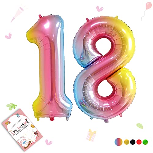 Smlpuame 102cm Folienballon Zahlen Luftballon 0-9 Geburtstag Regenbogen Farbverlauf, Große 18 Ballons für Geburtstagsfeier Feierdekorationen, Heliumfolien Zahlenballons für Hochzeitstag von Smlpuame
