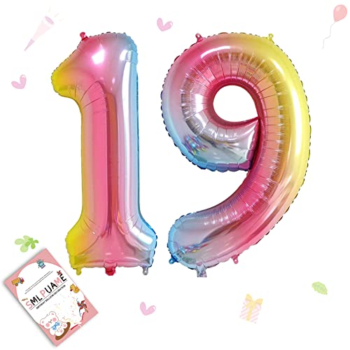Smlpuame 102cm Folienballon Zahlen Luftballon 0-9 Geburtstag Regenbogen Farbverlauf, Große 19 Ballons für Geburtstagsfeier Feierdekorationen, Heliumfolien Zahlenballons für Hochzeitstag von Smlpuame